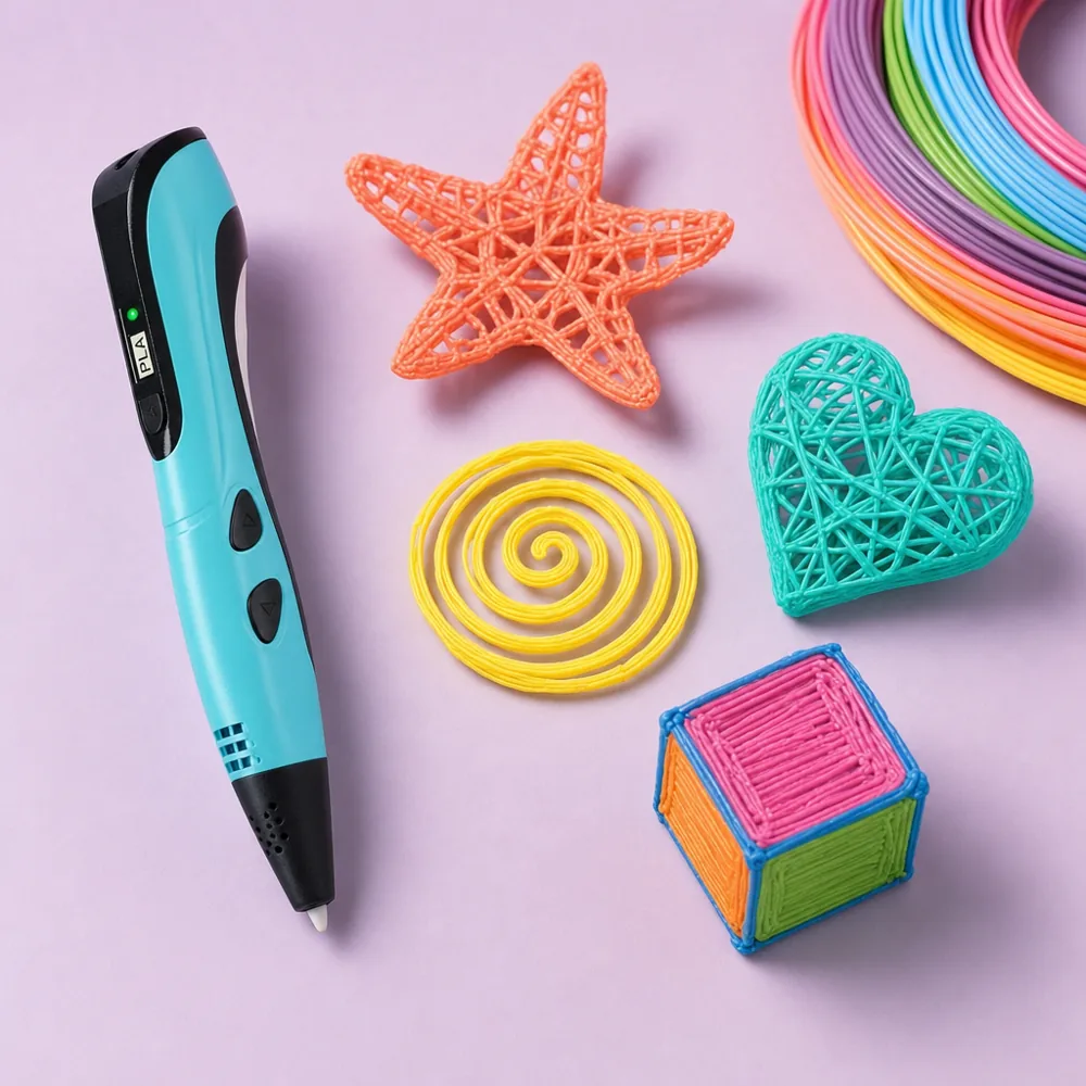 Créations réalisées au stylo 3D : étoile, cœur, spirale et cube en filament coloré