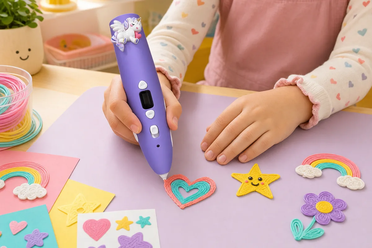 Enfant qui dessine une création colorée avec le stylo 3D Sculpio Petit violet à topper licorne
